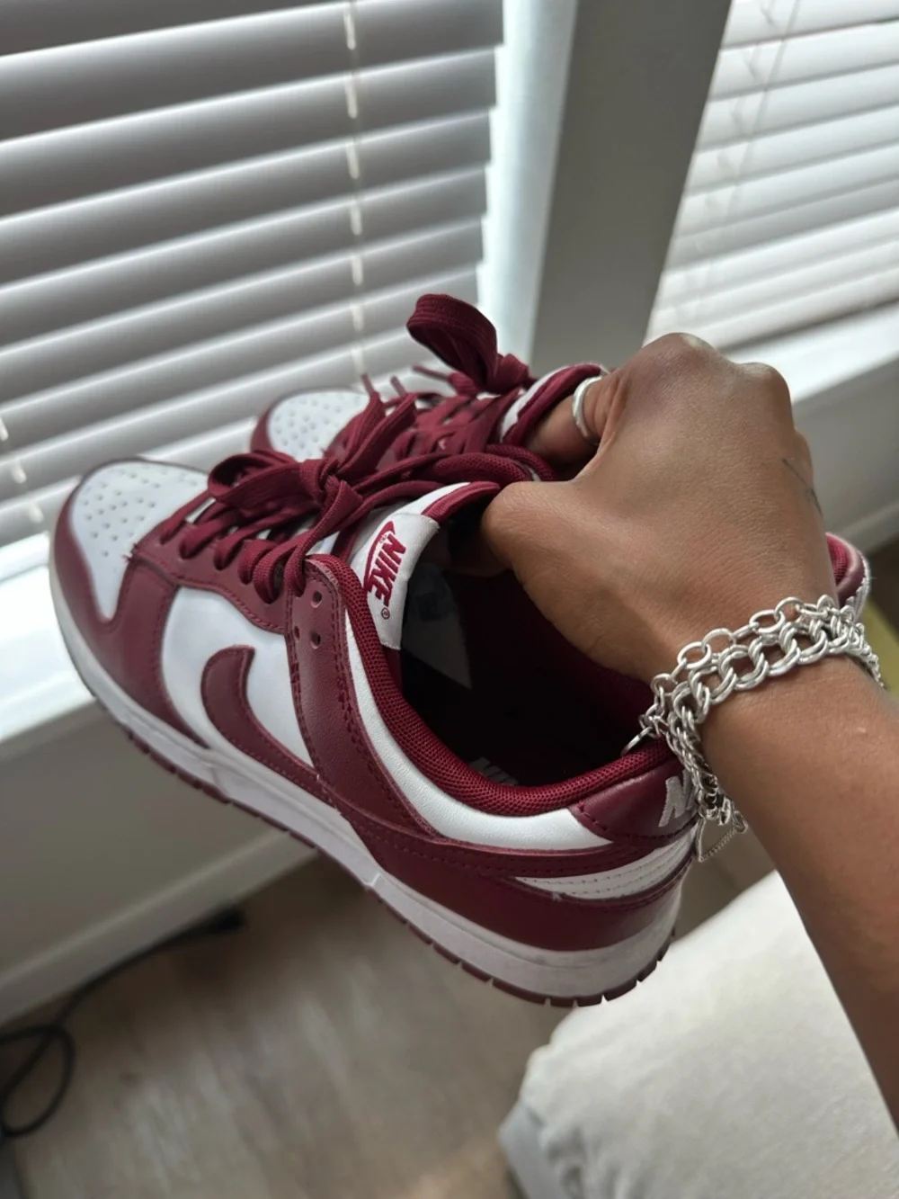 Nike Dunk Sneakers in White and Maroon - Picture 2 of 2